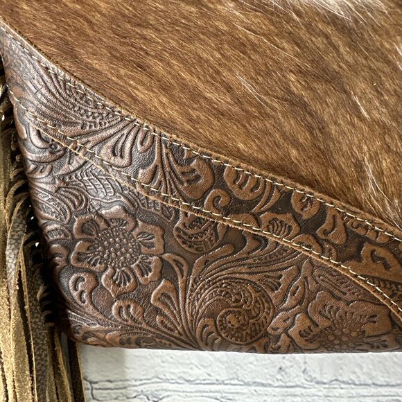 Myra Bag Leather ,Floral Canvas & Cowhide Whipstitch Fringe Crossbody W/ Wallet‎ - Picture 3 of 14